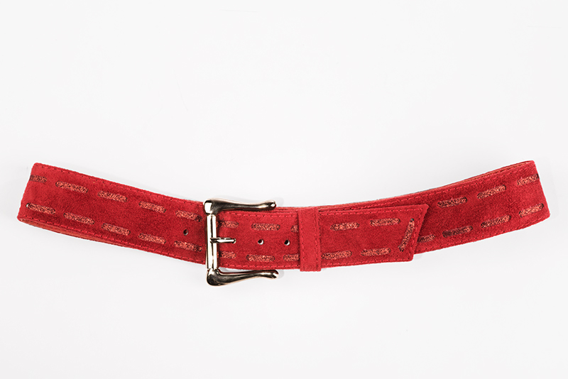 Cardinal red women's dress belt, matching pumps and bags. Made to measure. Profile view - Florence KOOIJMAN